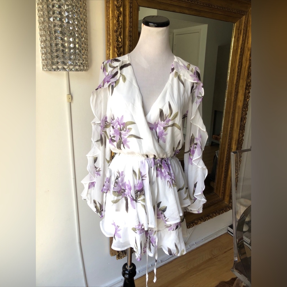 Sunday Soho Purple Flowers Print Long Sleeve Mini Dress With Ruffles Size Small